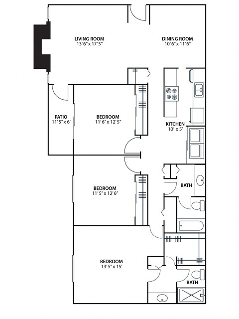 Floor plan for 3 beds, 2 baths, 1520 sqft